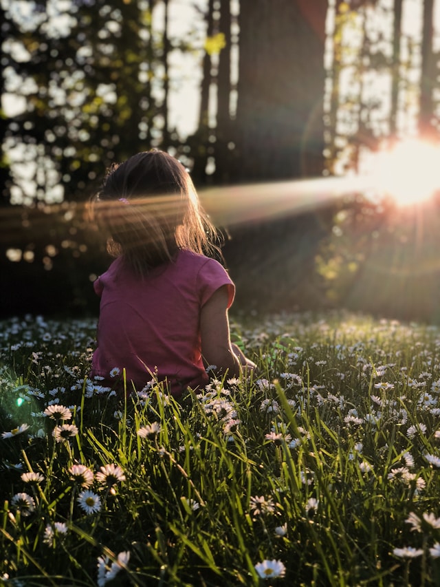 little girl sitting in forest with sunlight